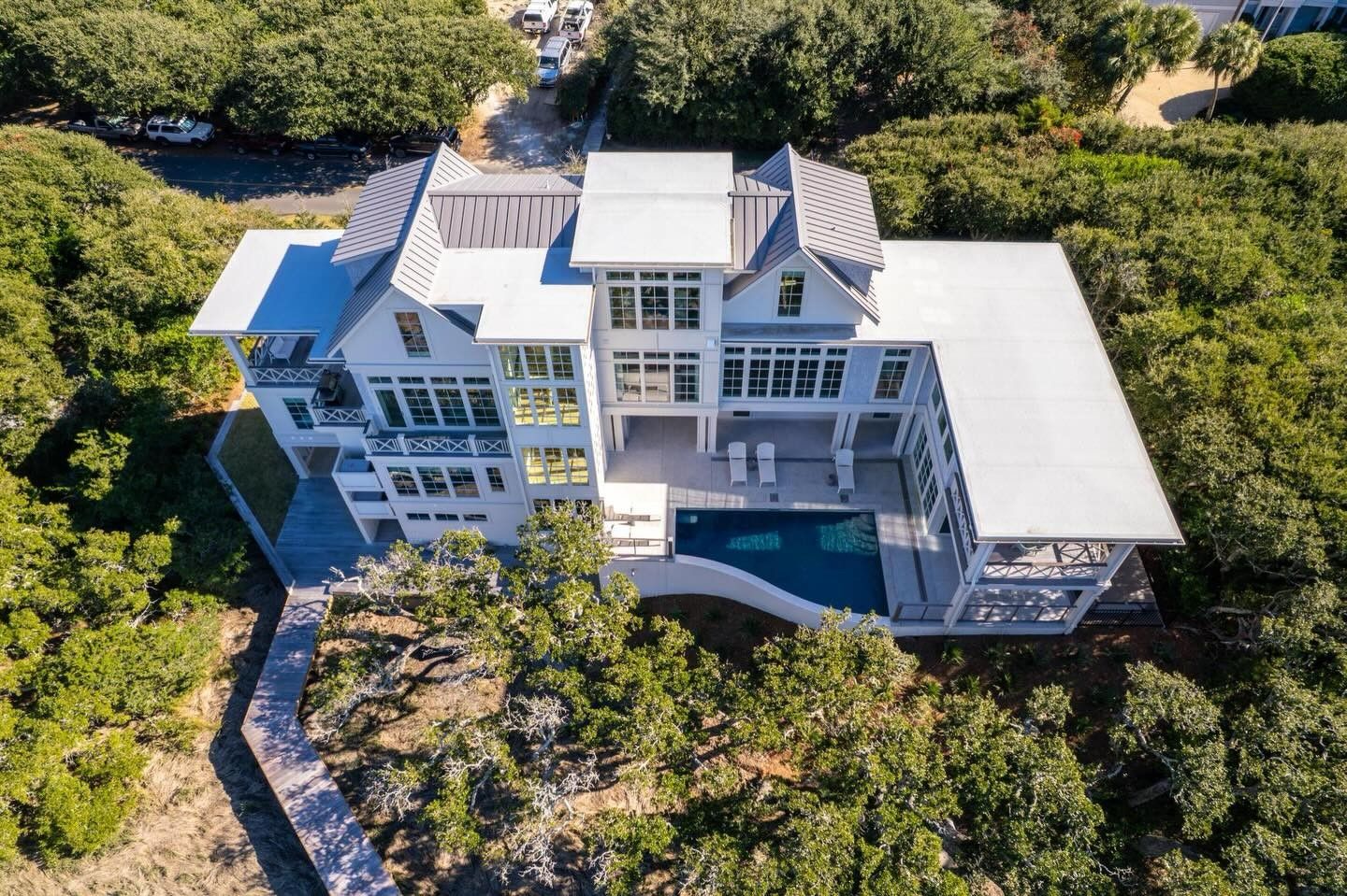 Aerial view of the residence among the island's live oaks
