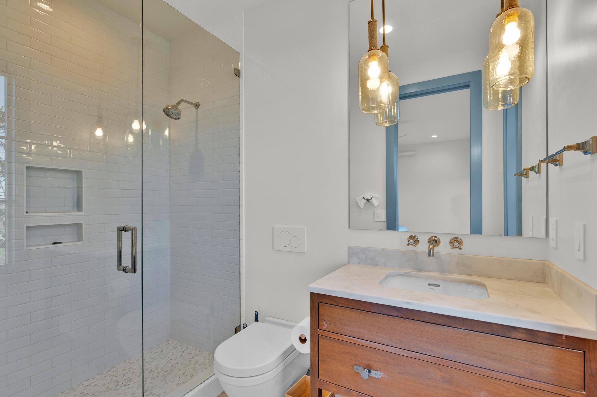 Guest bath with a subway-tile shower