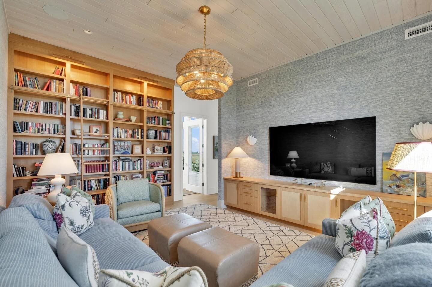 Library and media room with built-in bookcases