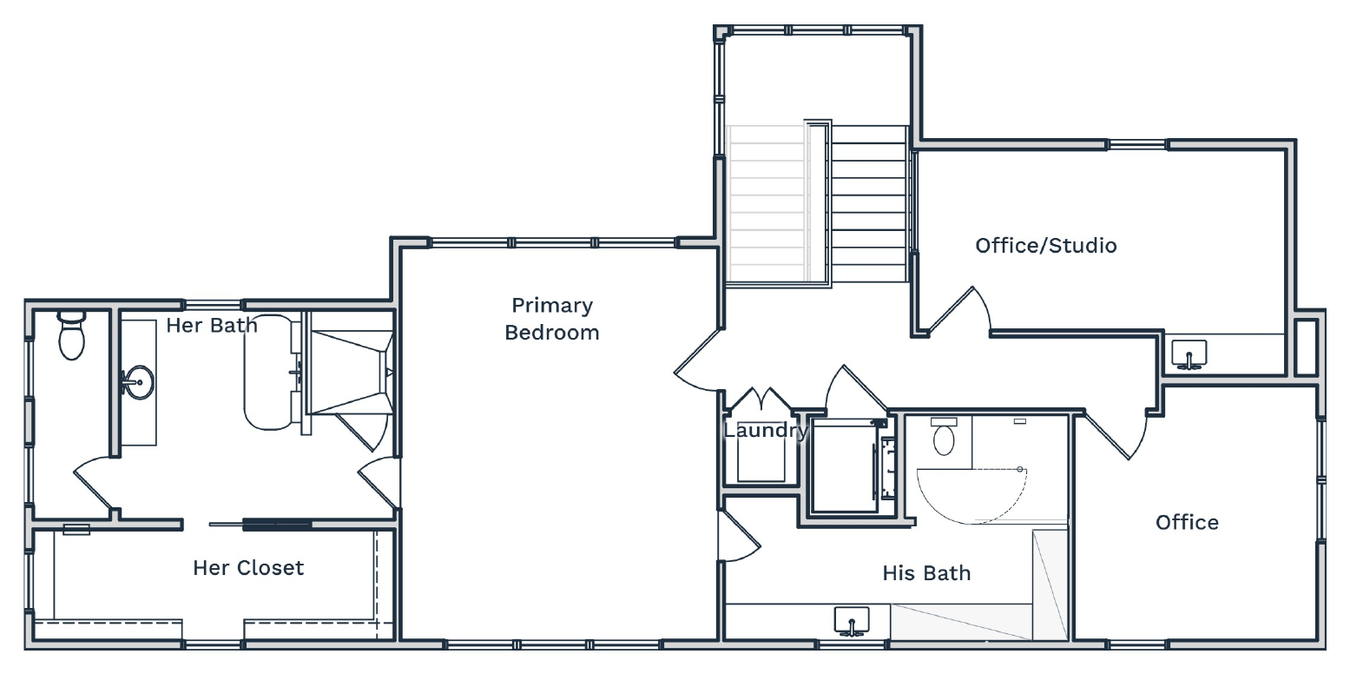 Third-floor plan showing the primary bedroom, her bath and closet, his bath, laundry, office and office studio