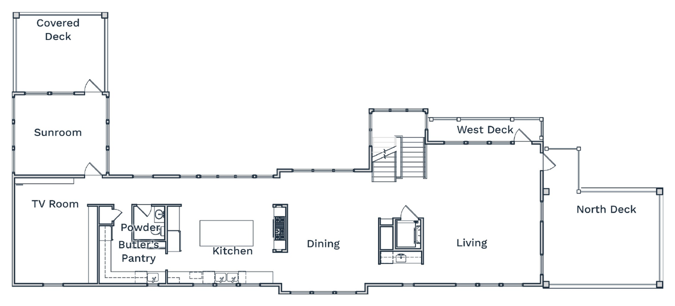 Second-floor plan showing the living and dining rooms, kitchen, butler's pantry, powder room, TV room, sunroom and covered, west and north decks