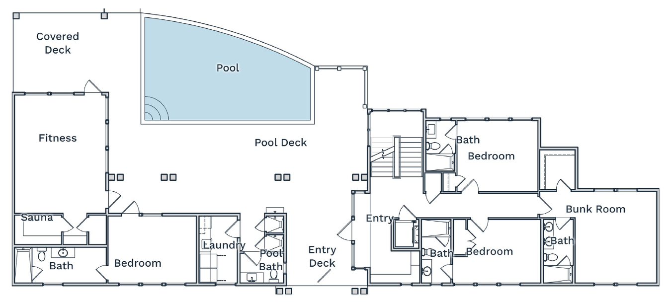 First-floor plan showing four guest bedrooms including a bunk room, private baths, fitness room, sauna, laundry, pool, pool deck and pool bath