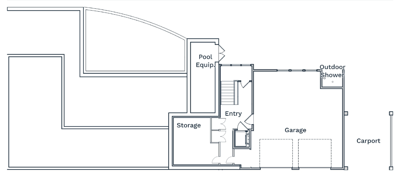 Ground-level plan showing the garage, carport, entry, elevator, stair, storage, pool equipment room and outdoor shower